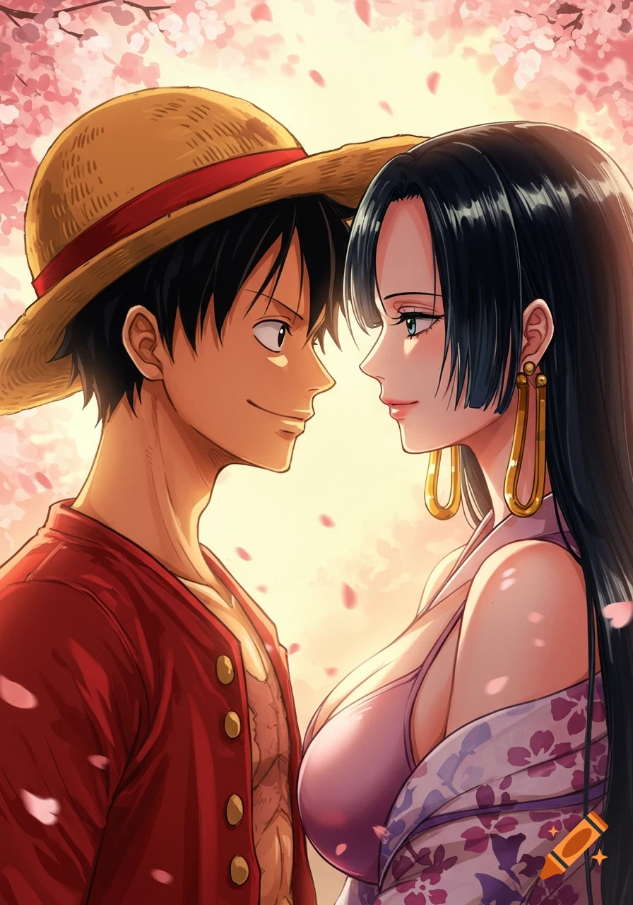 Anime illustration of Luffy and Boa Hancock facing each other lovingly under cherry blossoms at sunset.