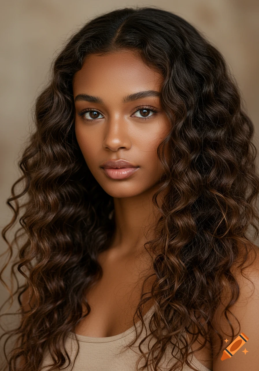 Close-up photorealistic portrait of a young woman with long curly brown hair, brown eyes, and warm skin tone, wearing a beige top.