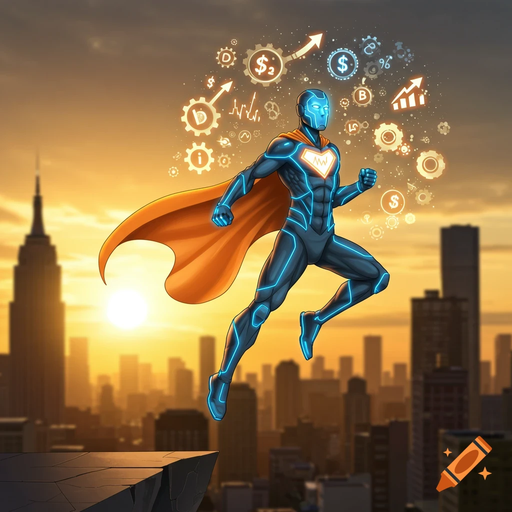 Superhero in a dark blue suit with neon lines and an orange cape leaps over a city skyline at sunset, surrounded by glowing business symbols.