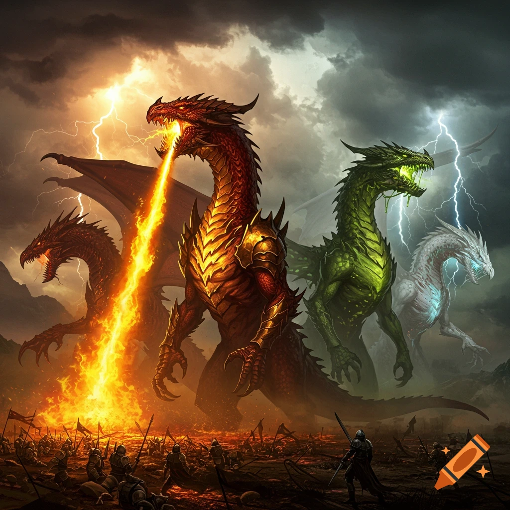 Four colossal, colorful dragons, one breathing fire, attack tiny knights on a stormy, lightning-struck battlefield. Fantasy art.