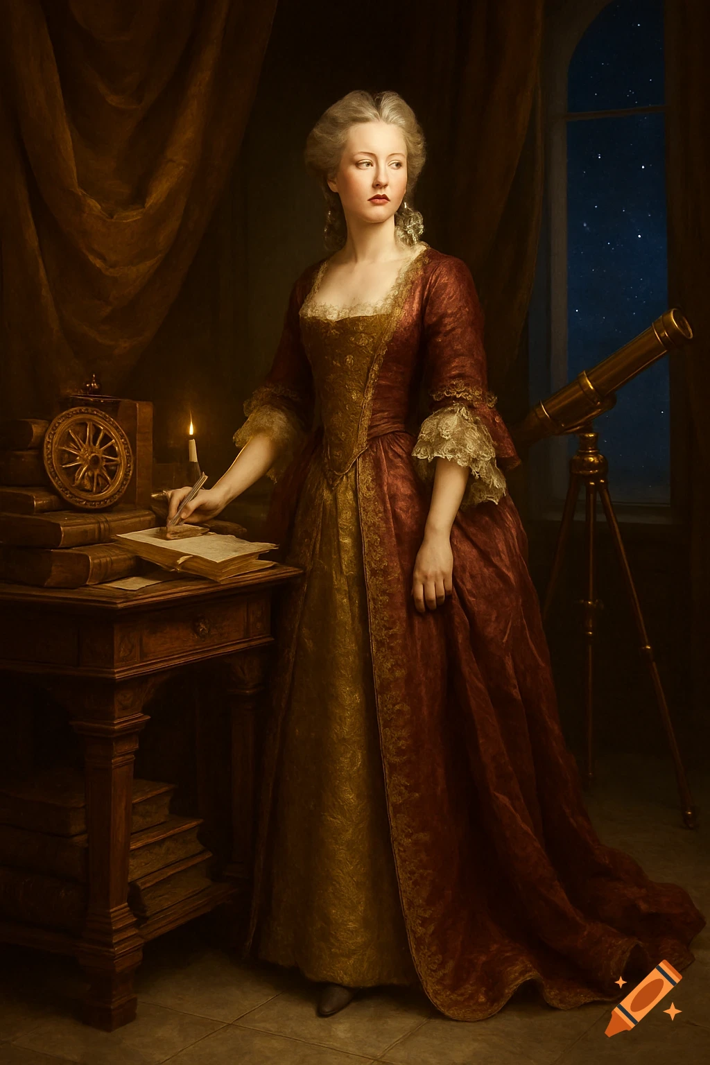 A woman in a historical gown writes at a wooden desk by candlelight, with an open book, a compass rose, and a telescope under a starry window.