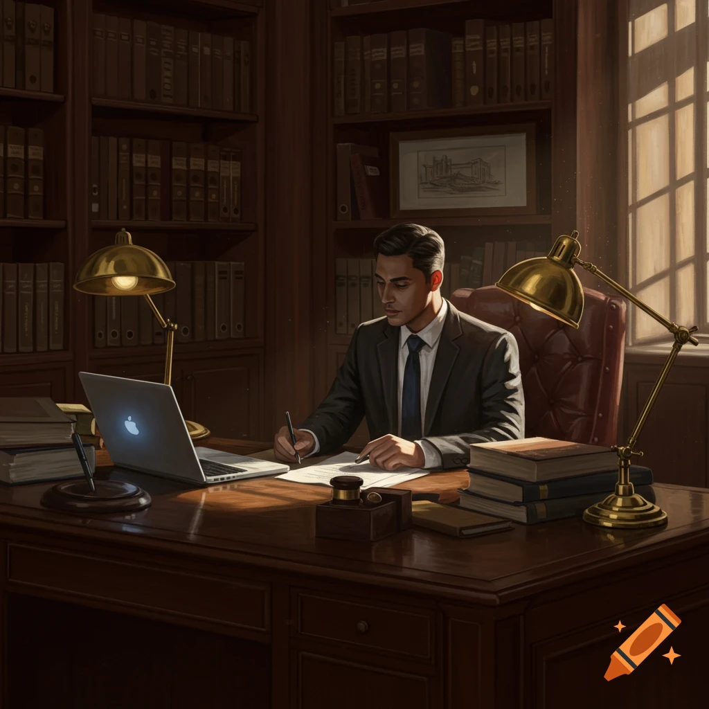 A photorealistic image of a man in a suit, presumably a lawyer, writing at a wooden desk in a dimly lit office with bookshelves.