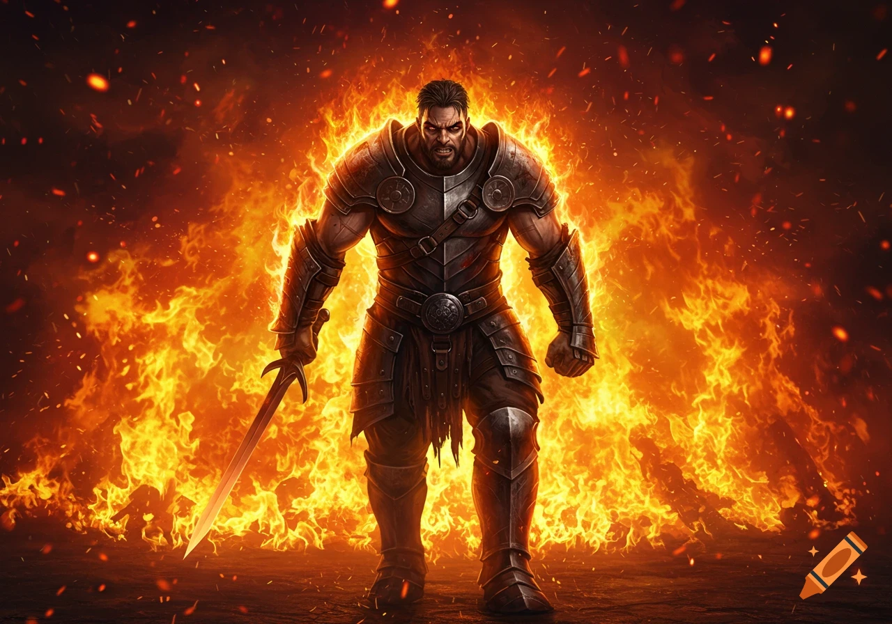 Muscular armored warrior with a sword, glaring intensely, surrounded by roaring flames in a fantasy art style.