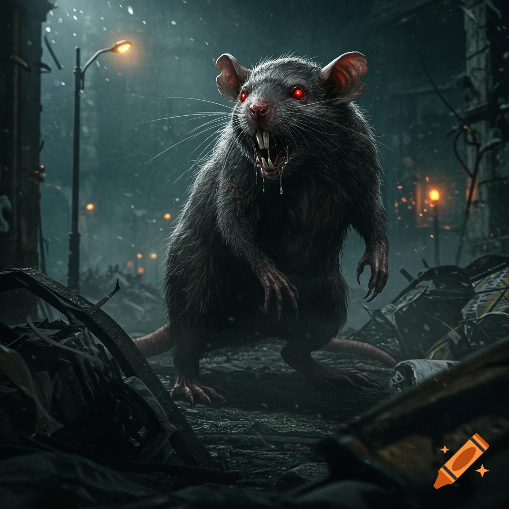 A terrifying, photorealistic monster rat with glowing red eyes and sharp fangs stands in a dark, debris-filled urban alley at night.