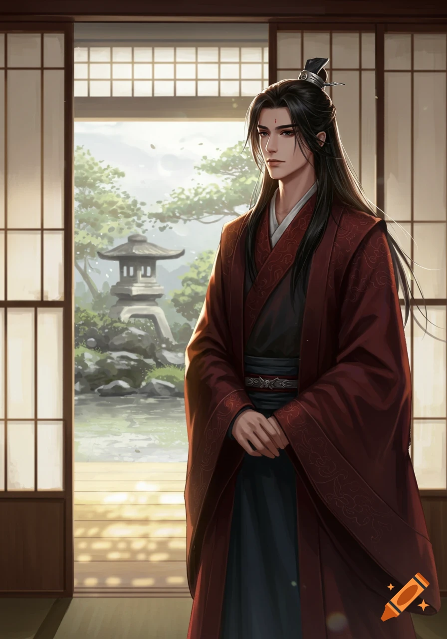 An anime-style man with long black hair and traditional red robes stands in a room, gazing out at a Japanese garden with a stone lantern.