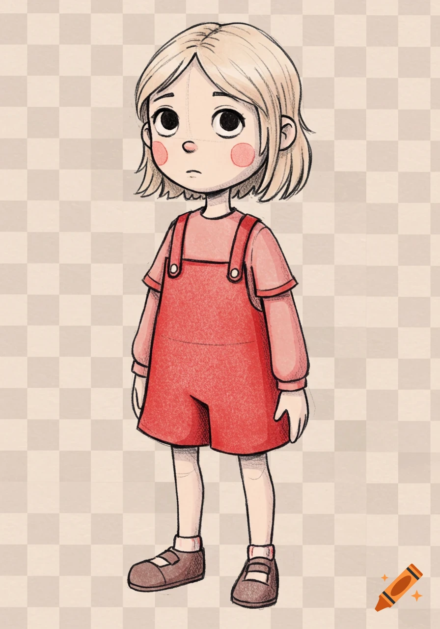 Cartoon illustration of a young blonde girl in a red jumper with a concerned expression, in a hand-drawn, puppet-like style.