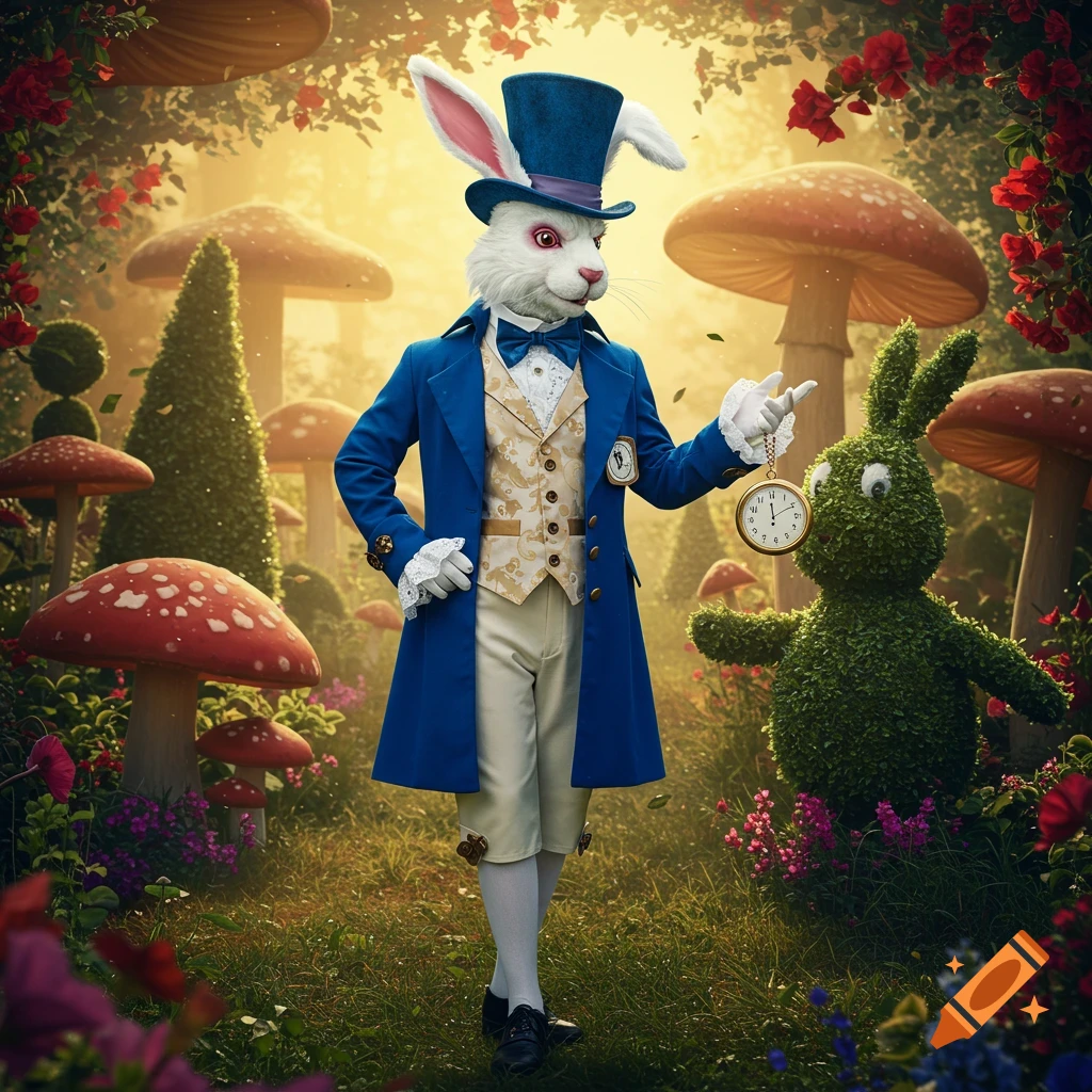 The White Rabbit in a blue coat holds a pocket watch in a vibrant, fantastical forest with giant mushrooms and topiary.
