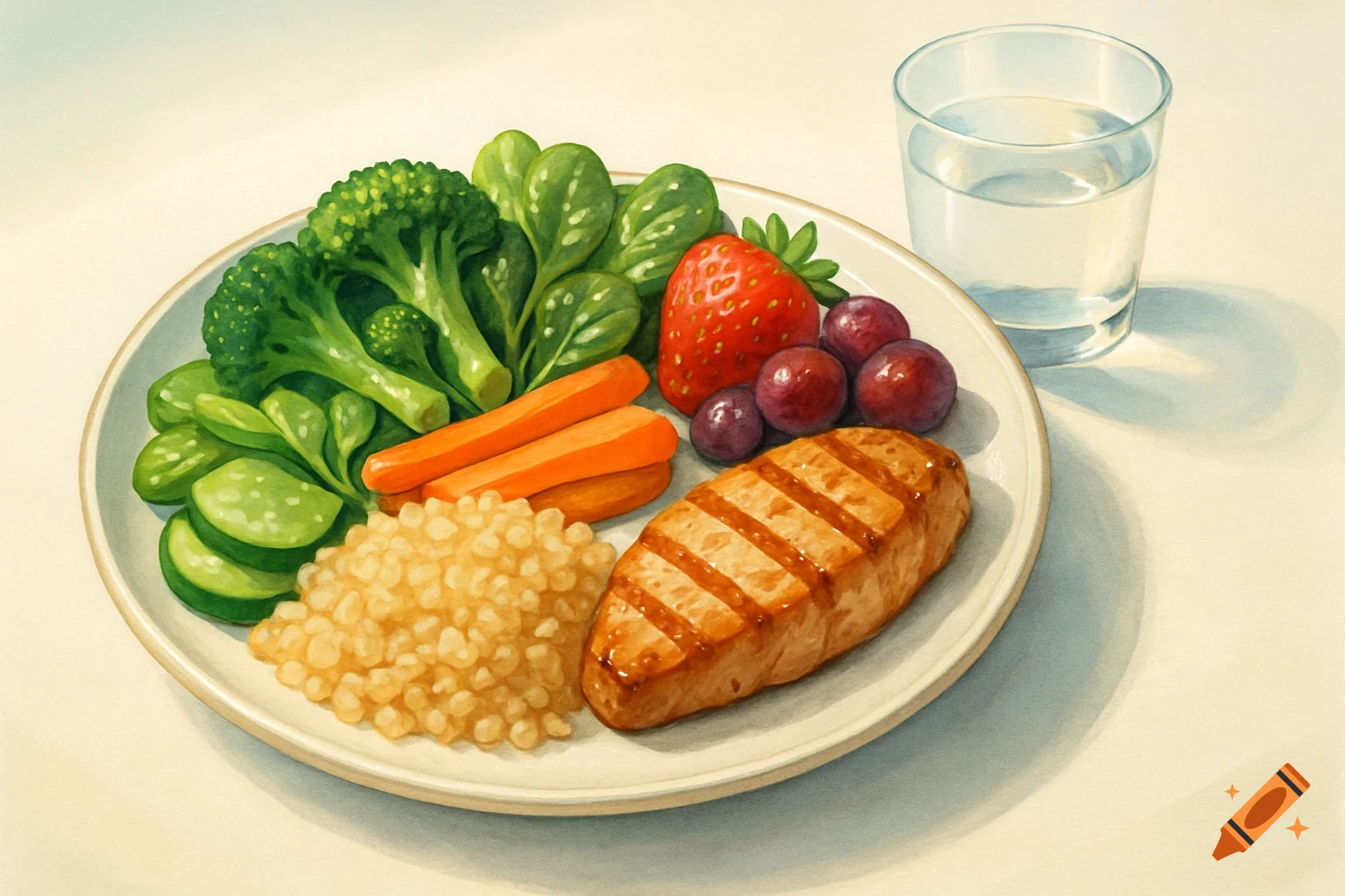 A watercolor illustration of a healthy meal with grilled chicken, quinoa, vegetables, fruits, and a glass of water.