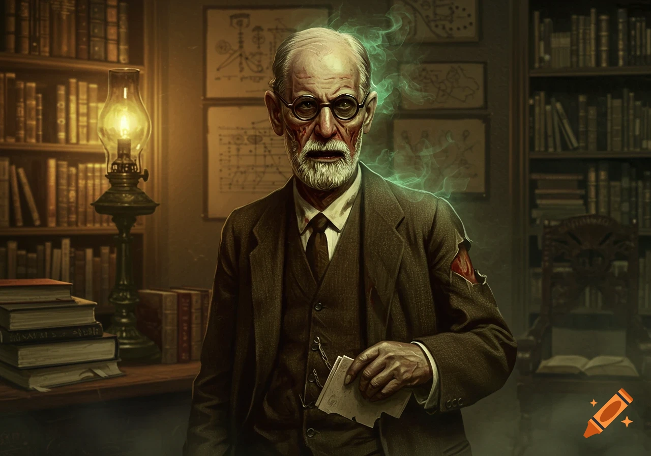 Zombie Sigmund Freud stands in a dimly lit library, pale and blood-stained, with green mist around his head, holding a crumpled paper.