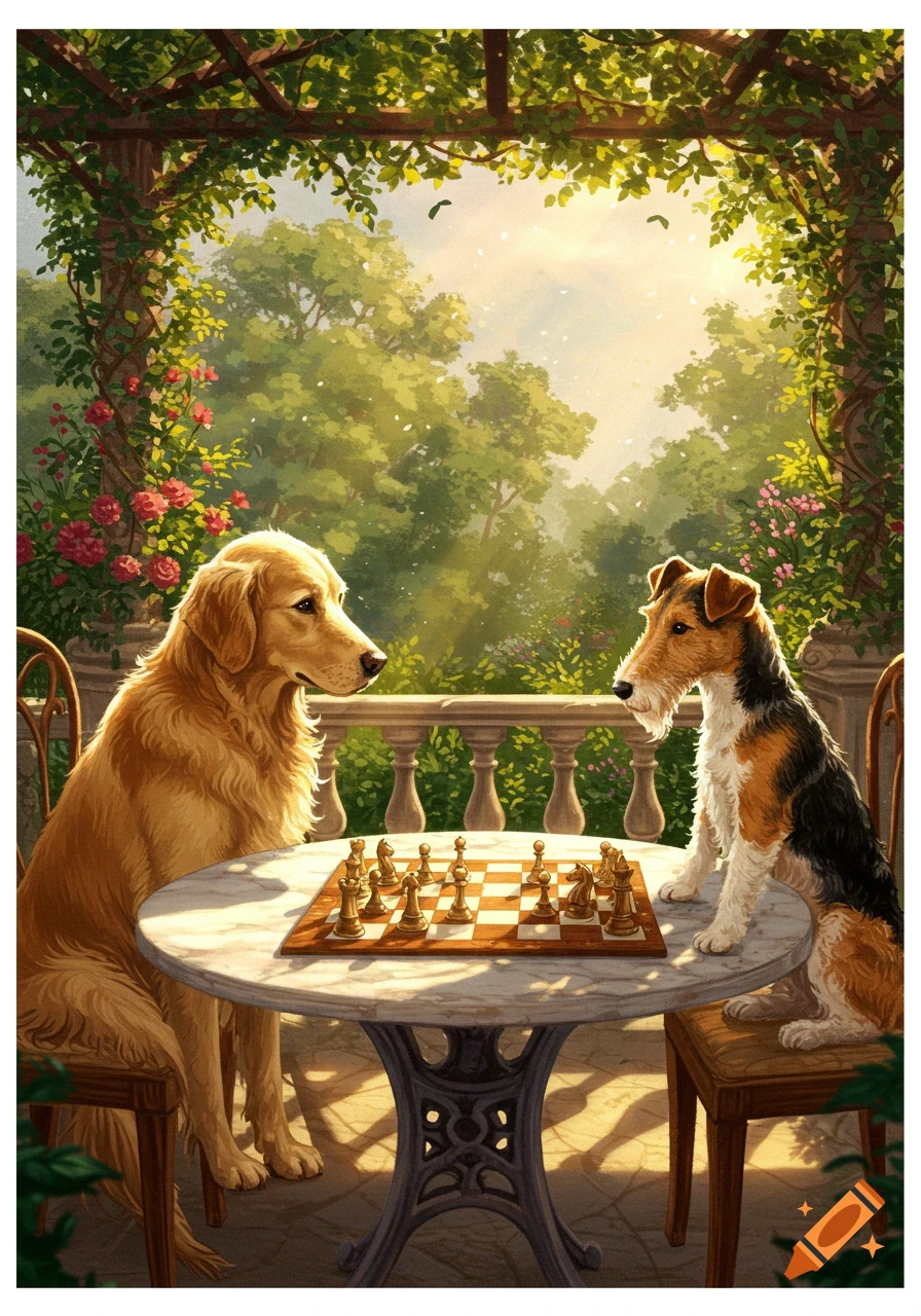 A golden retriever and a wire fox terrier play chess at a marble table in a sunlit garden under a leafy pergola, in a painterly style.