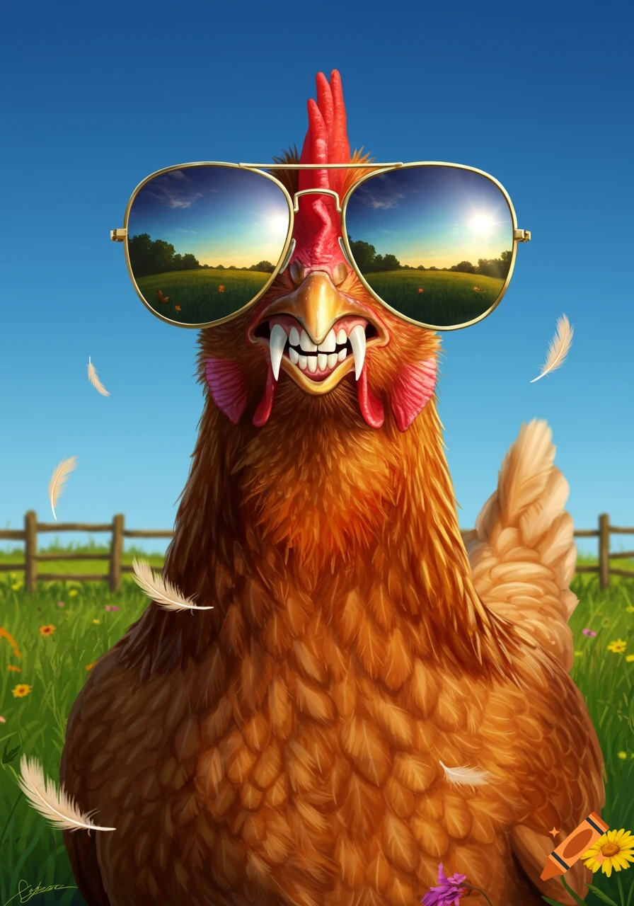 A cartoon chicken with sharp teeth and aviator sunglasses stares intensely in a sunny green field.