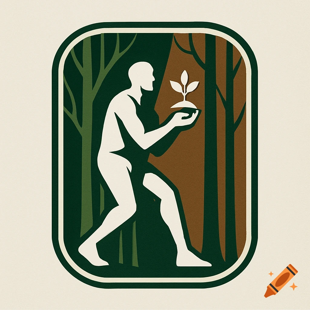 A stylized logo of a minimalist man holding a seedling against a forest background, within a rounded rectangle.