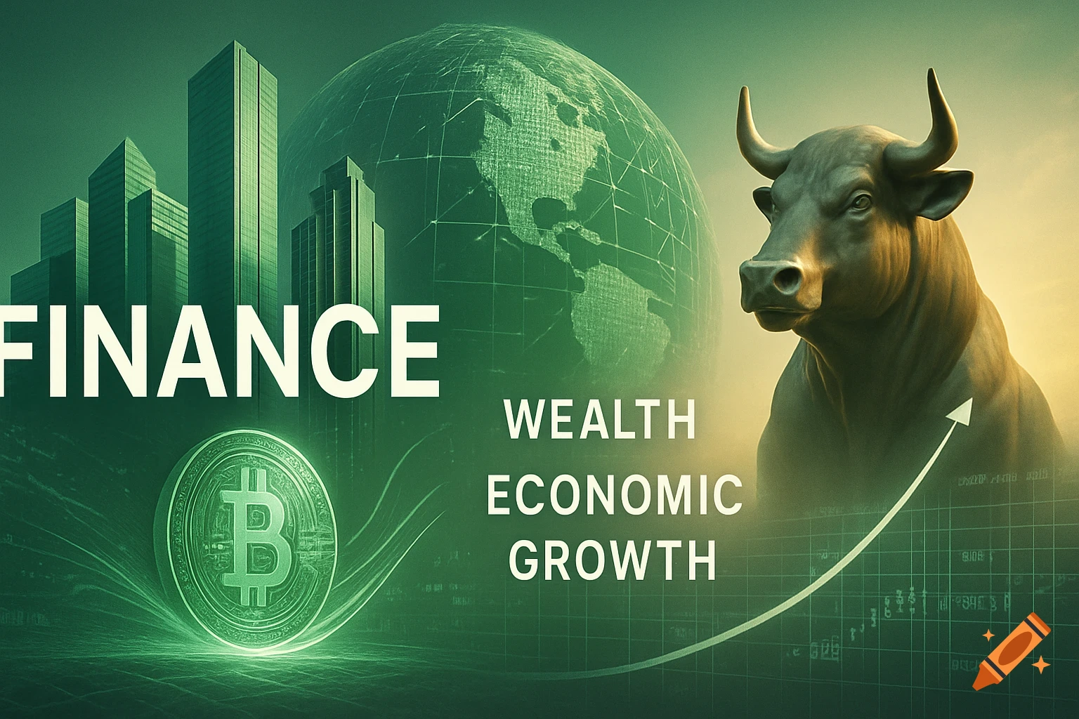 A bull, skyscrapers, global map, and Bitcoin symbol with text FINANCE, WEALTH, ECONOMIC, GROWTH, in a green and gold financial theme.