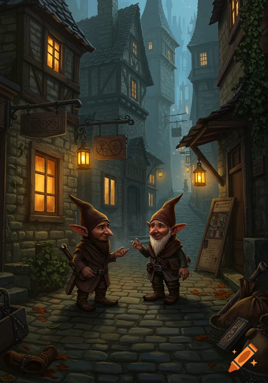 Two gnomes talk on a cobblestone street in a misty fantasy town with old buildings and glowing lanterns, digital art.