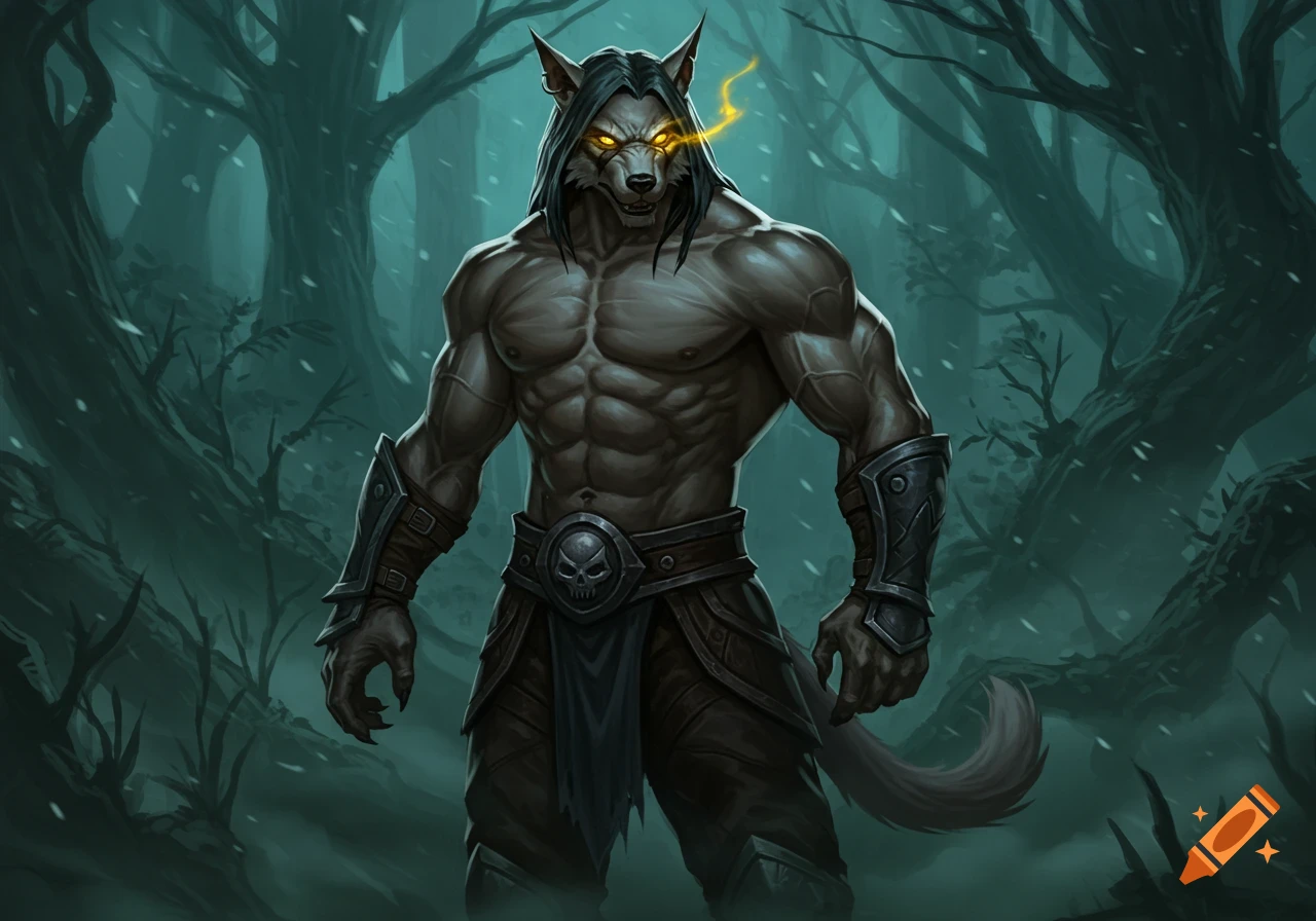 A muscular, dark grey werewolf with glowing yellow eyes and long dark hair stands in a misty, dark forest, wearing leather armor.