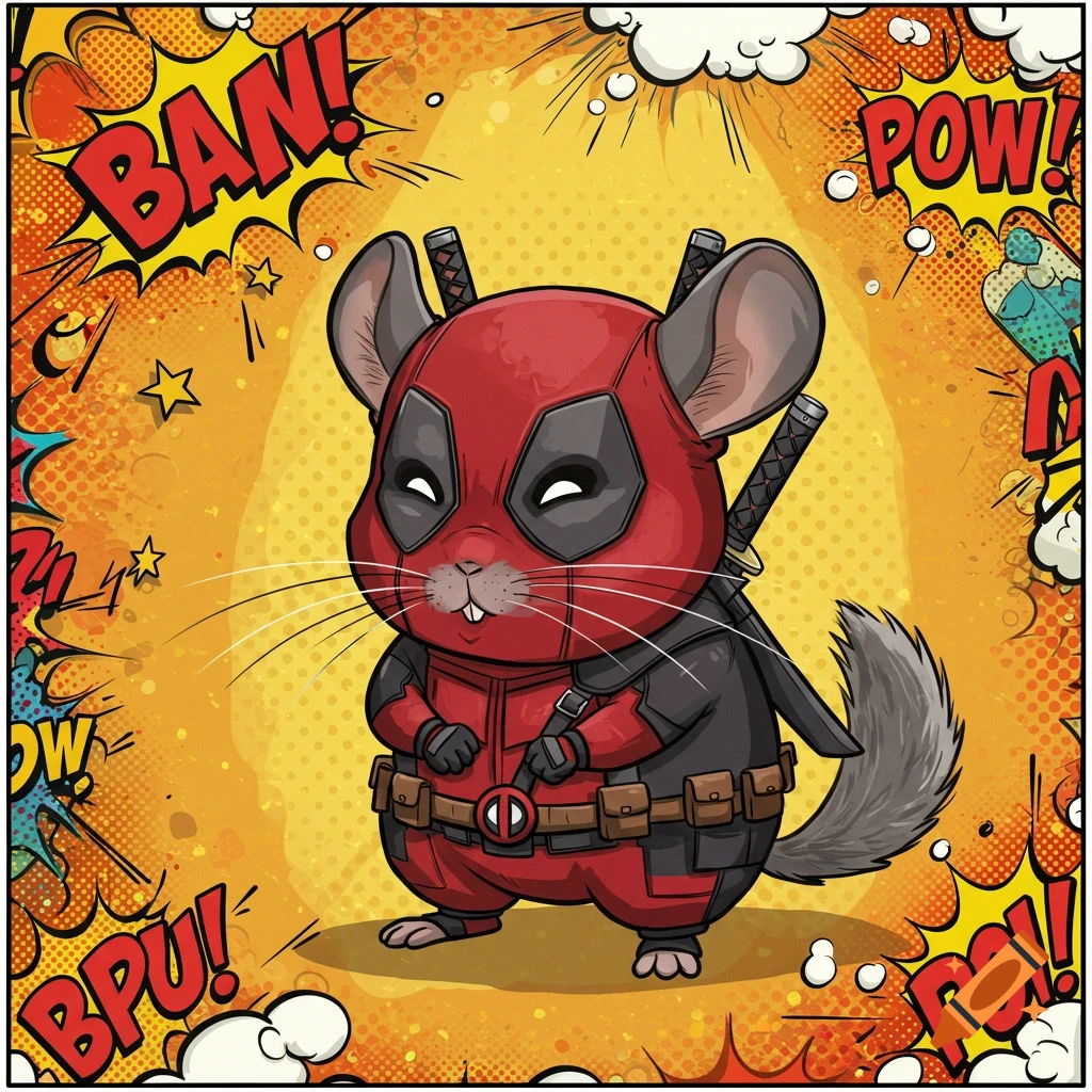 Cute cartoon chinchilla in a Deadpool costume, surrounded by comic book style 'BAN!' and 'POW!' sound effects on a yellow background.