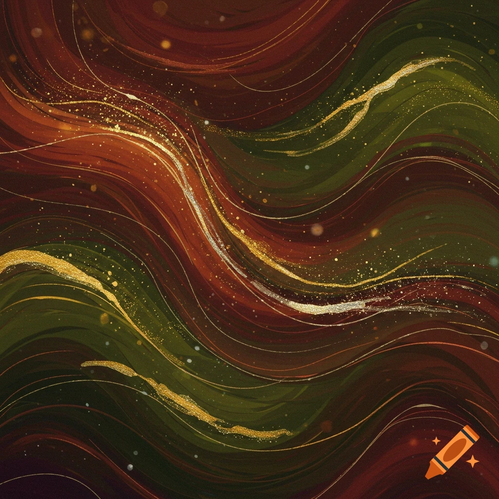 Abstract wavy pattern with dark red and olive green brushstrokes, adorned with shimmering gold lines and glitter.