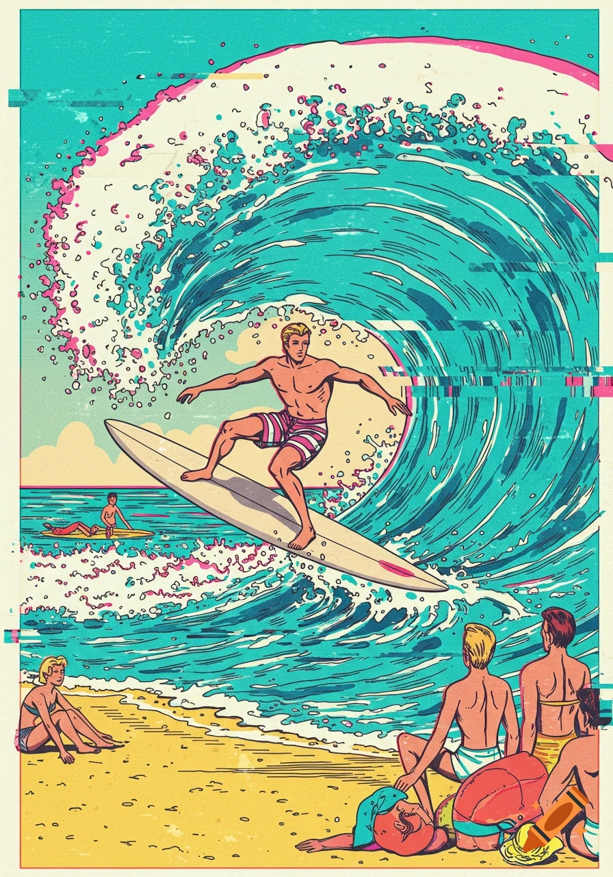 A 1960s comic book style illustration of a surfer riding a large wave, with beachgoers watching. Glitch art effects are present.