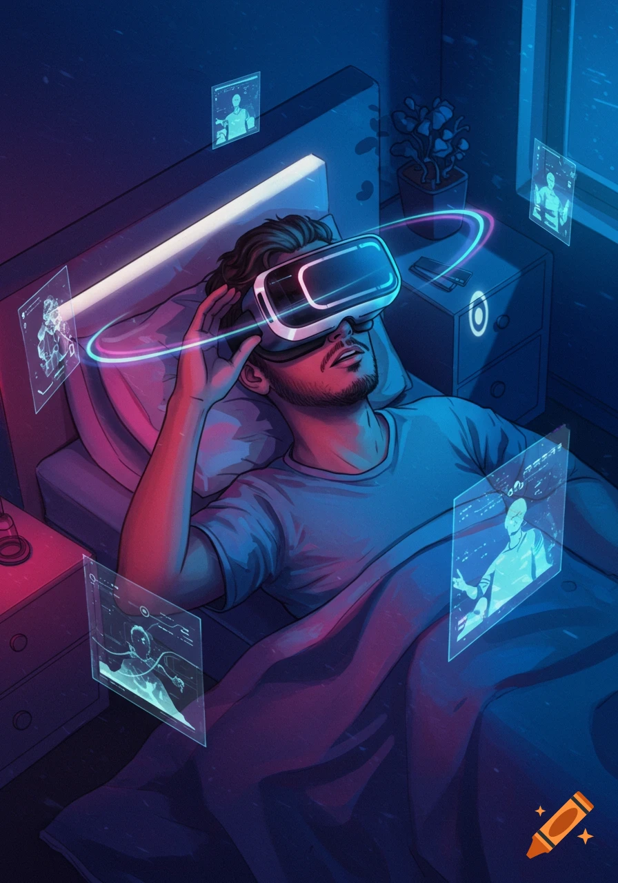 A man lies in bed wearing a VR headset, interacting with glowing holographic screens. Stylized illustration with blue and pink neon lighting.