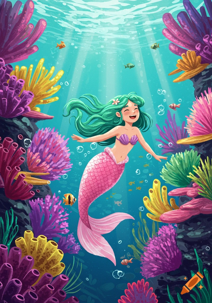 A joyful mermaid with green hair and a pink tail swims through a vibrant coral reef, surrounded by colorful fish in a clear blue ocean.