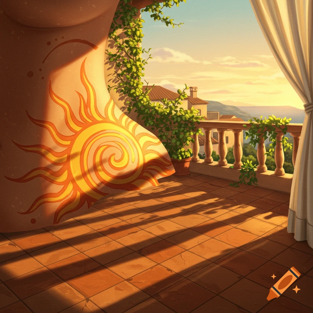 A sunny balcony with a terracotta floor, balustrade, and a stylized sun mural on the curved wall, overlooking mountains and the sea at sunset.