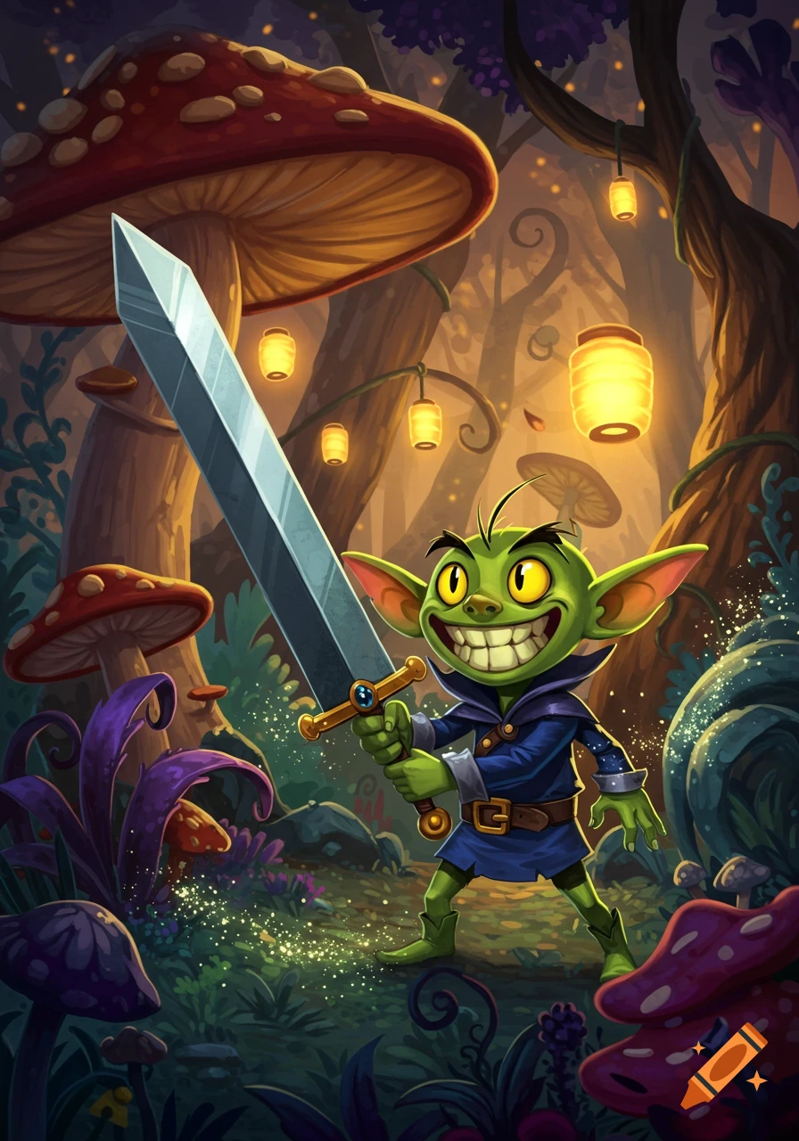 A grinning green cartoon goblin holds a large sword in a magical forest with giant red mushrooms and glowing lanterns.