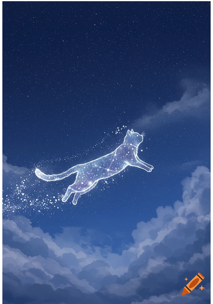 A luminous, star-filled cat constellation leaps across a deep blue night sky adorned with scattered white clouds.