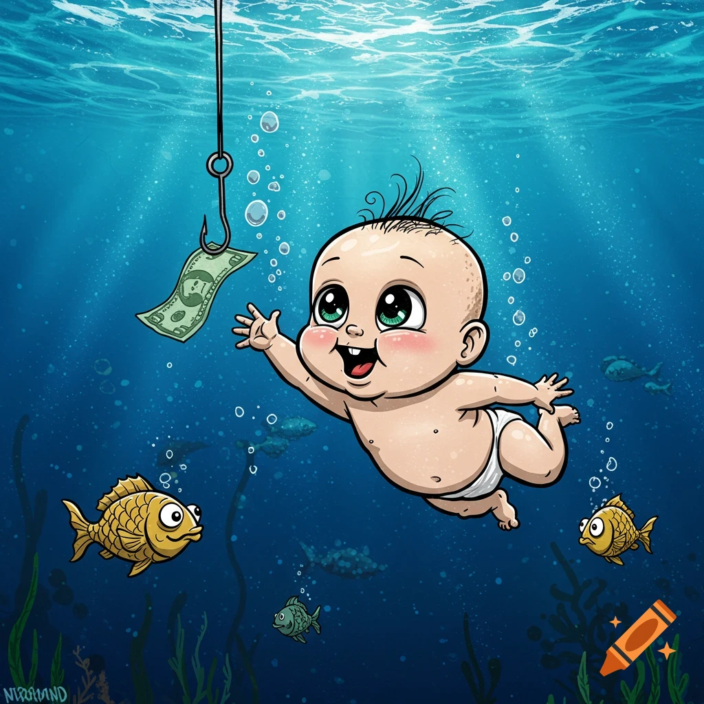 A cartoon baby in a diaper swims underwater, reaching for a dollar bill attached to a fishing hook, with fish swimming nearby.