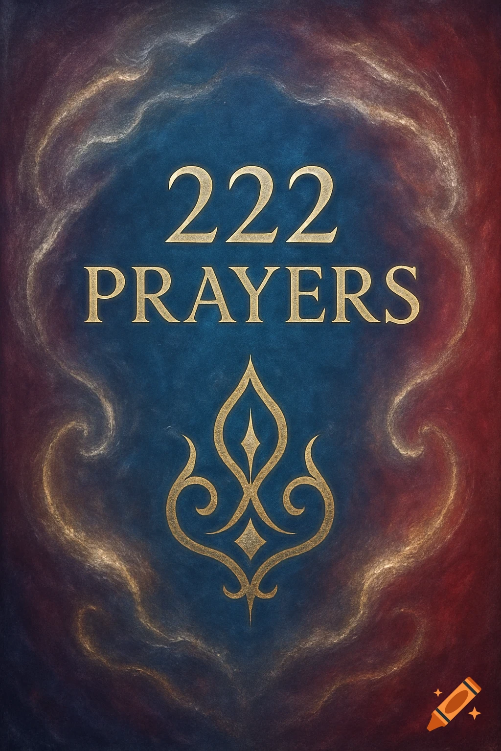 Book cover titled '222 PRAYERS' with gold text and an ornate spiritual symbol on a blue and red textured background.