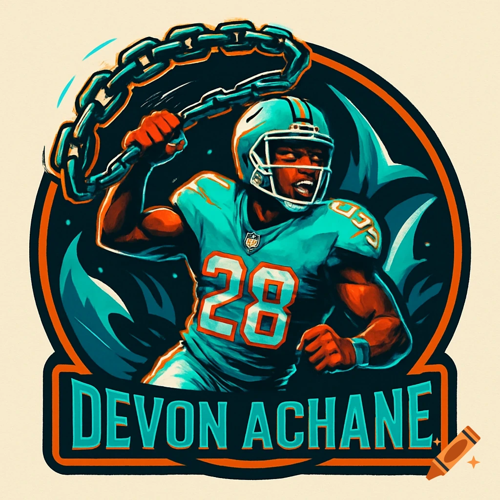 Digital art logo of Miami Dolphins running back Devon Achane, wearing number 28, swinging a large chain like a lasso.