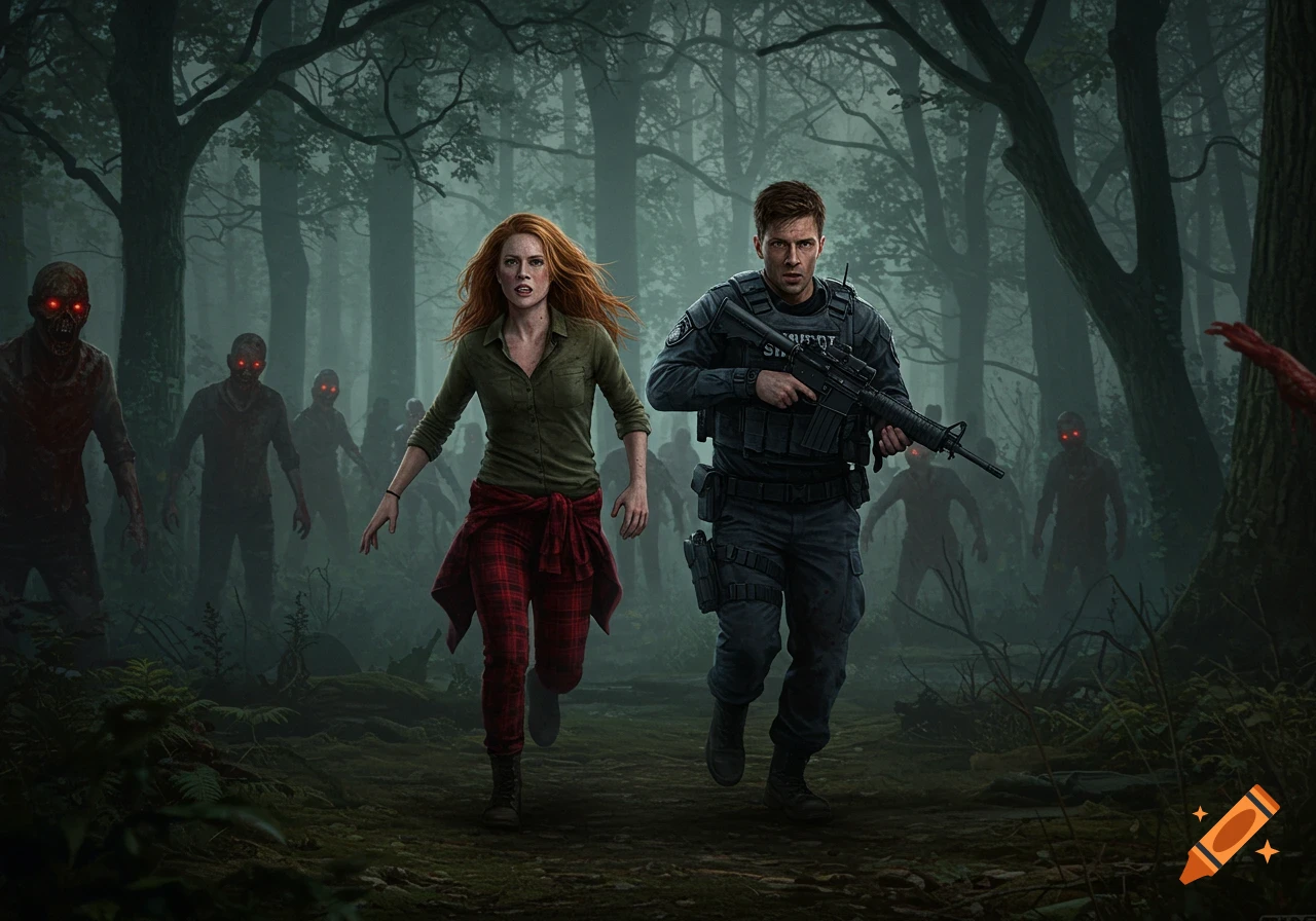 Photorealistic scene of a man in a tactical uniform and a woman running through a dark, foggy forest, pursued by red-eyed zombies.