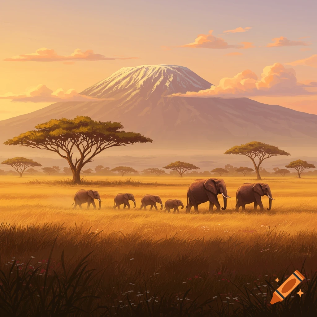 A line of elephants walks through a golden savanna at sunset, with acacia trees and a snow-capped mountain in the background. Digital art.