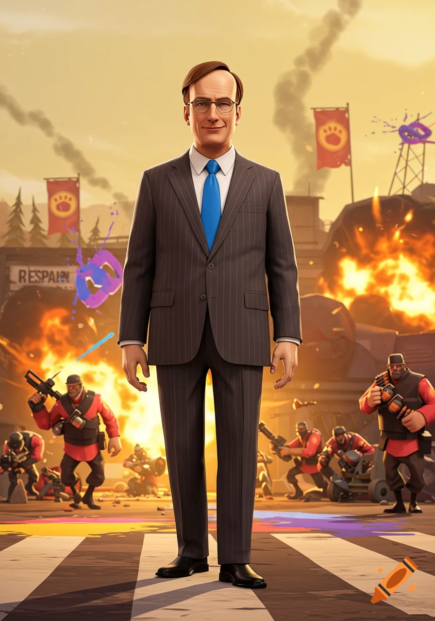 Saul Goodman in a pinstripe suit stands on a crosswalk in a stylized Team Fortress 2 battle scene with explosions and characters.