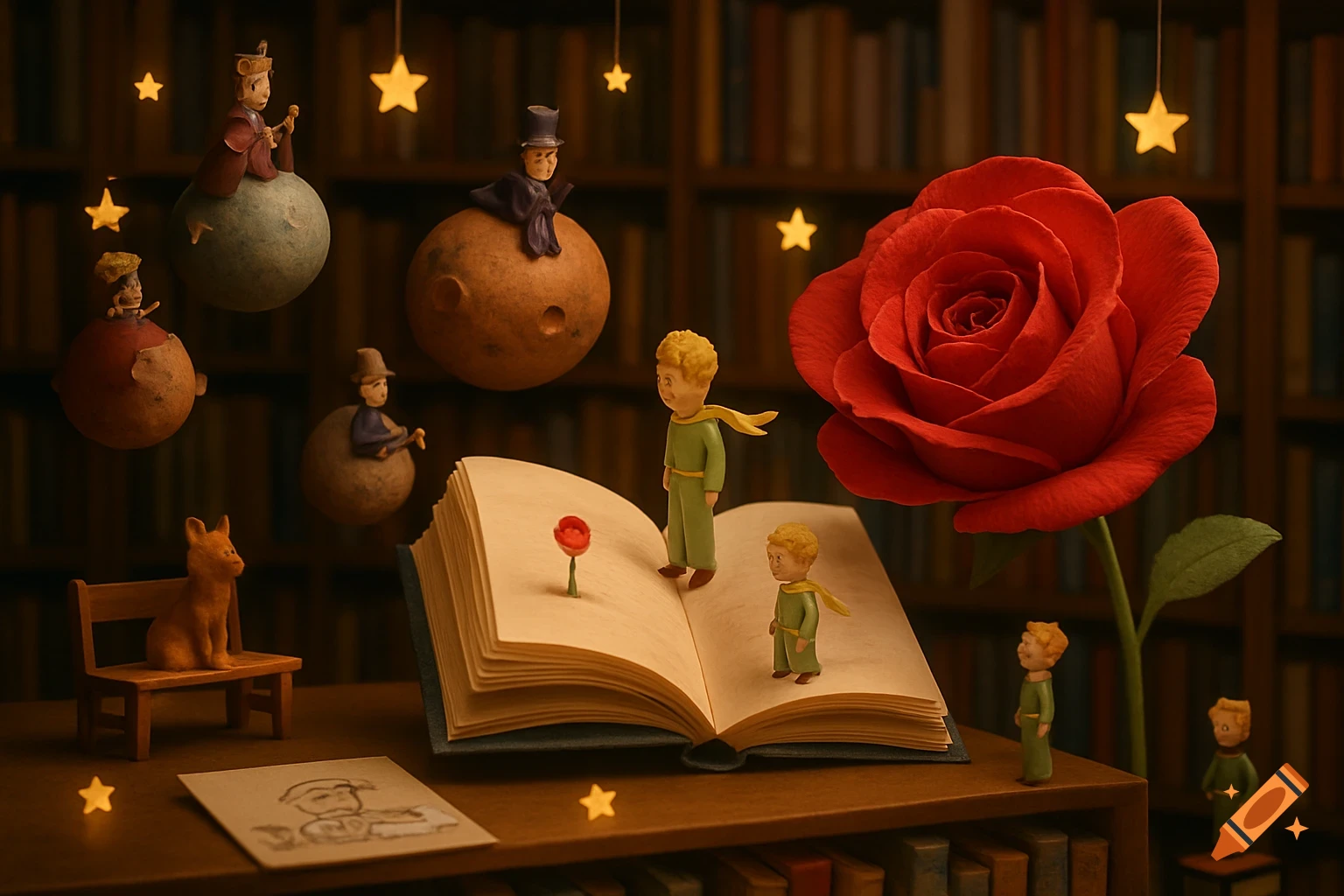 Miniature Little Prince figures, planets, fox, and a giant red rose around an open book with twinkling stars in a library.