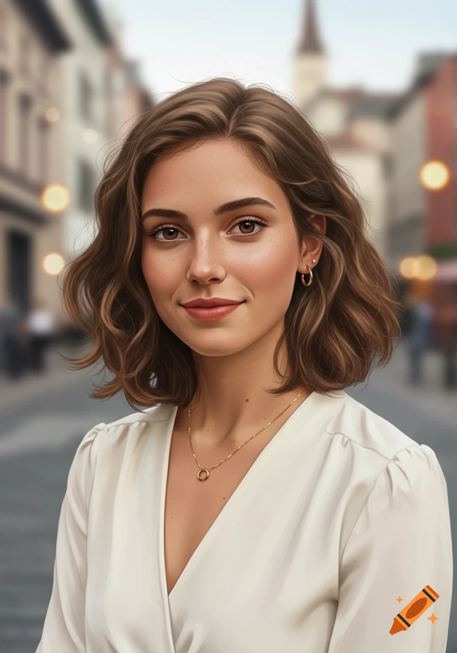 Digital art portrait of a young woman with brown wavy hair, wearing a cream blouse and gold necklace, smiling against a blurred urban background.