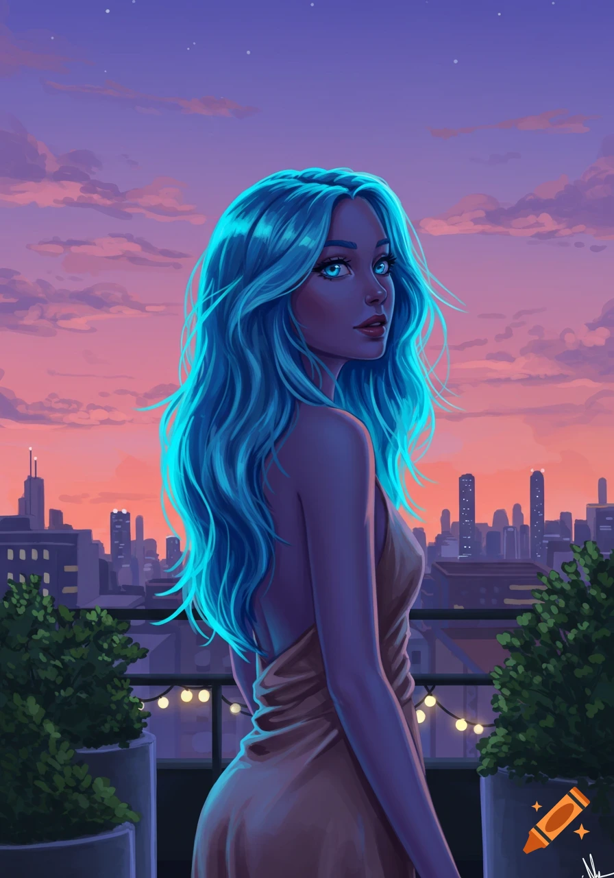 Digital art portrait of a woman with glowing blue hair looking back over her shoulder on a city rooftop at sunset.