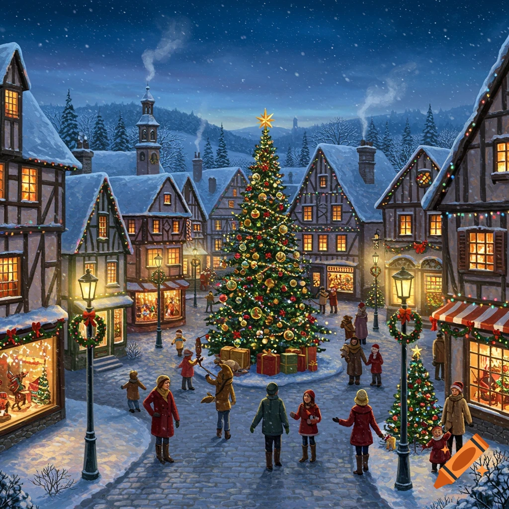 A festive, snowy village square at night, illuminated by a large decorated Christmas tree and lights on charming buildings, with people milling about.