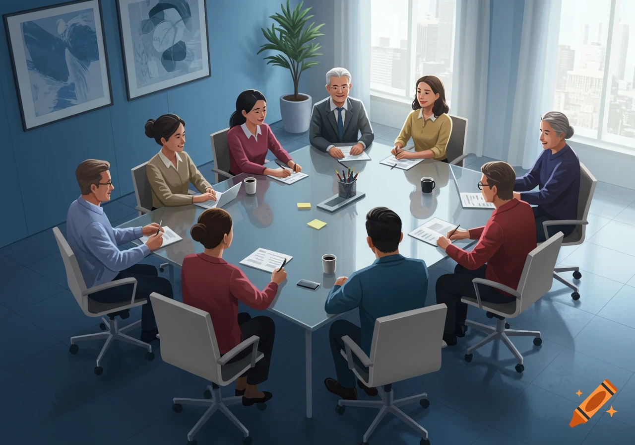 Illustrative depiction of diverse professionals in a modern meeting room, seated around a table with documents and laptops.