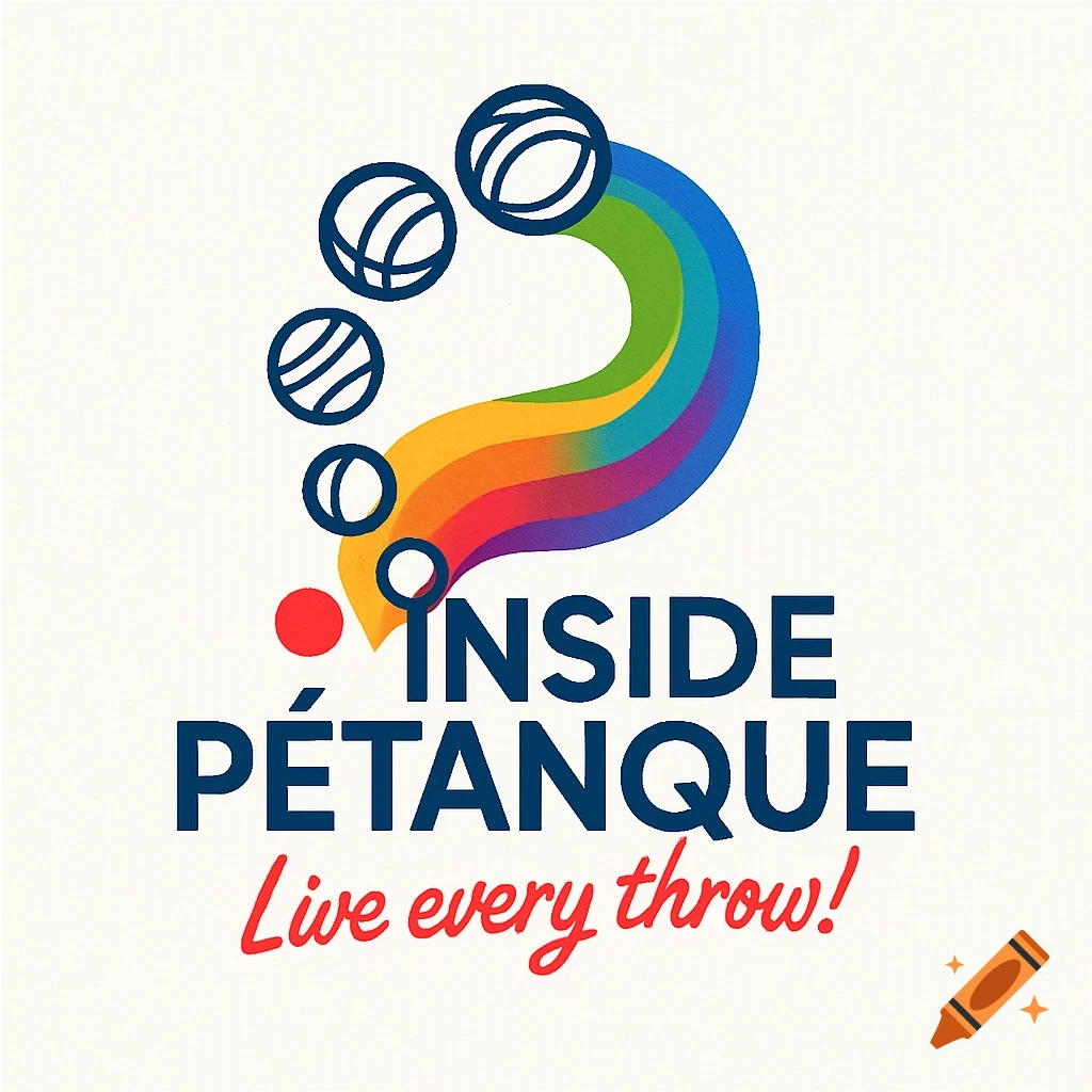 Colorful logo for 'Inside Pétanque' magazine, with abstract petanque balls, a rainbow arc, and 'Live every throw!' slogan.
