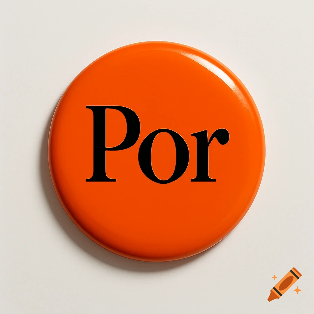 A shiny orange circular button with the word "Por" in black serif font on a white background.