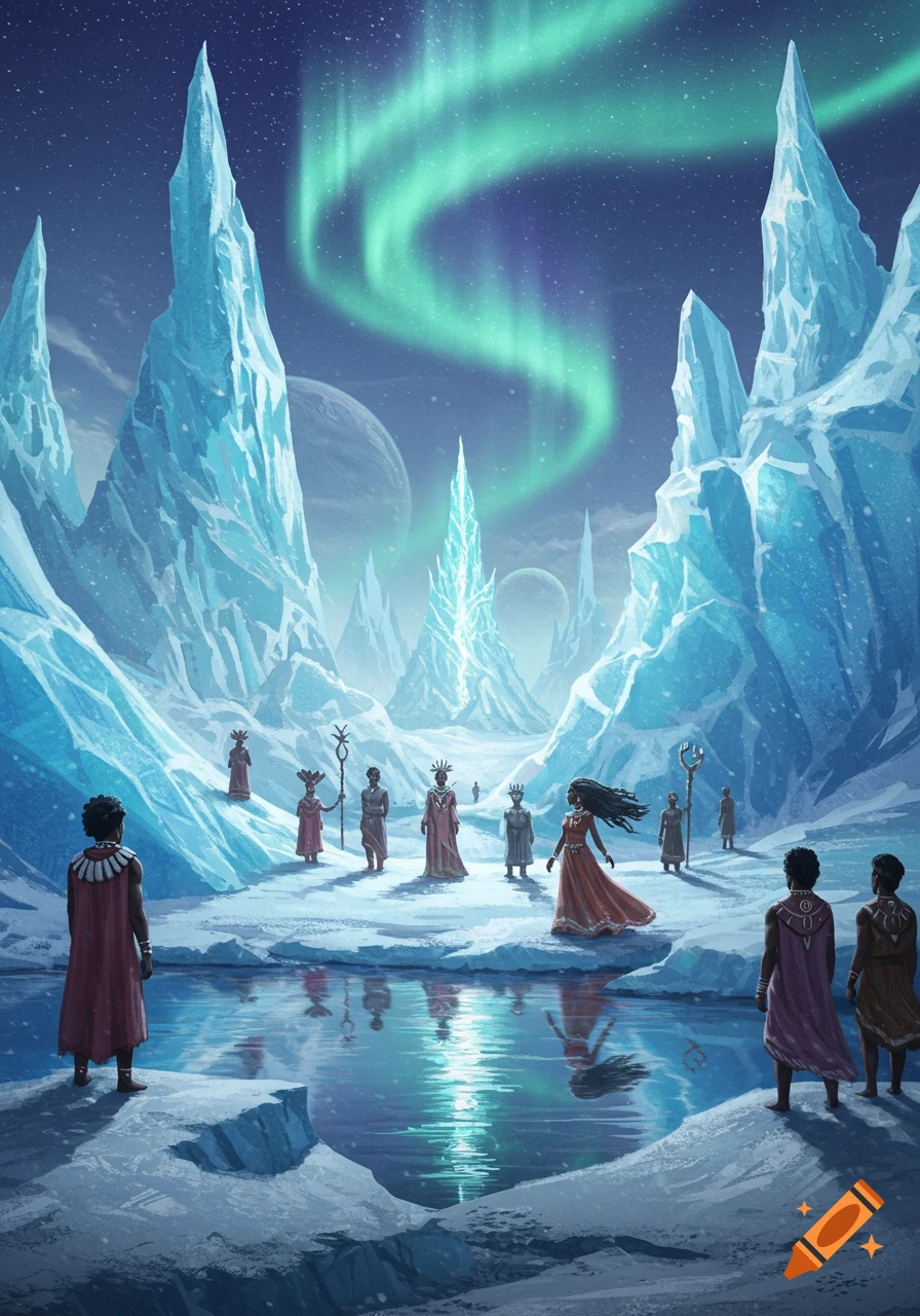 Illustration of Black people in an icy landscape with towering ice formations, a reflective pool, aurora borealis, and planets in the sky.