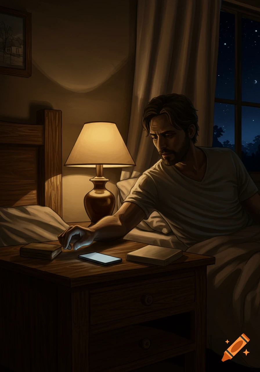 Illustrated man sitting in bed at night, reaching for his phone on a nightstand beside a lit lamp.