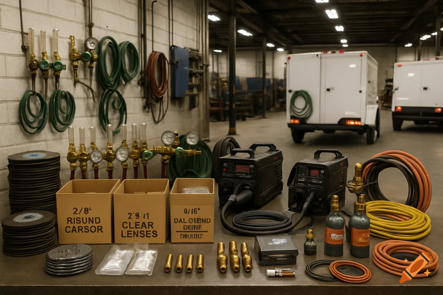 A photorealistic image of various welding and industrial tools, hoses, and supplies laid out on a table in a workshop, with two white trailers in the background.