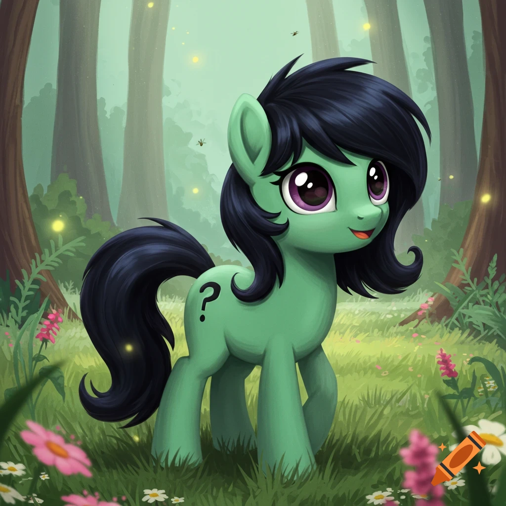 A cartoon green pony with black hair and a question mark cutie mark stands in a whimsical forest.