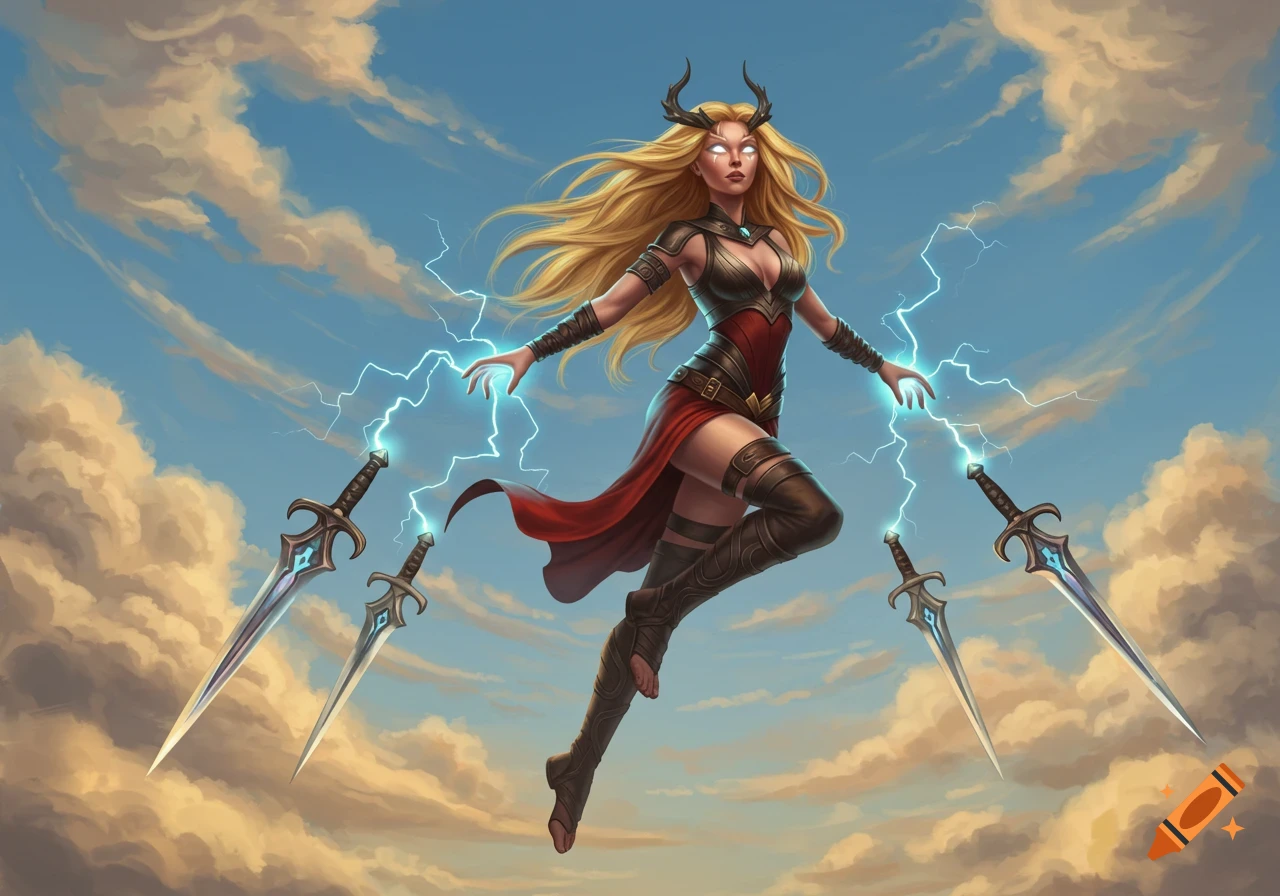 A powerful blonde woman with horns and glowing white eyes flies in a cloudy sky, casting lightning and flanked by two floating daggers.