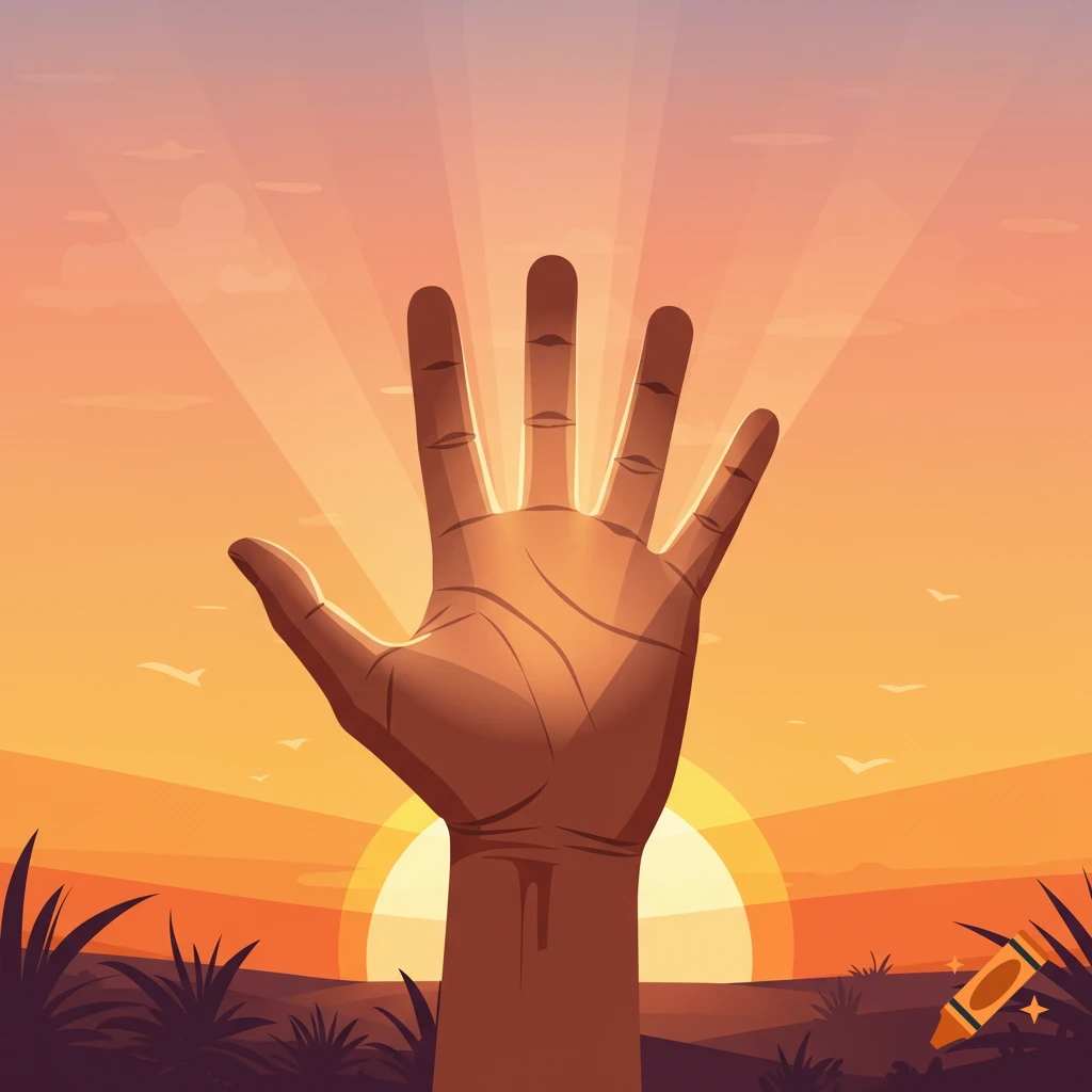 An illustrated hand reaching towards a vibrant sunset sky with sun rays and silhouetted foliage.