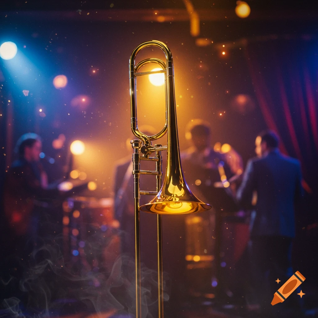 A golden trombone stands on a dimly lit stage, illuminated by warm and cool spotlights, with blurred musicians in the background.