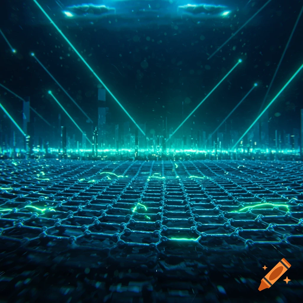 A dark, futuristic scene with a glowing grid-like structure, distant city skyline, and teal light beams.