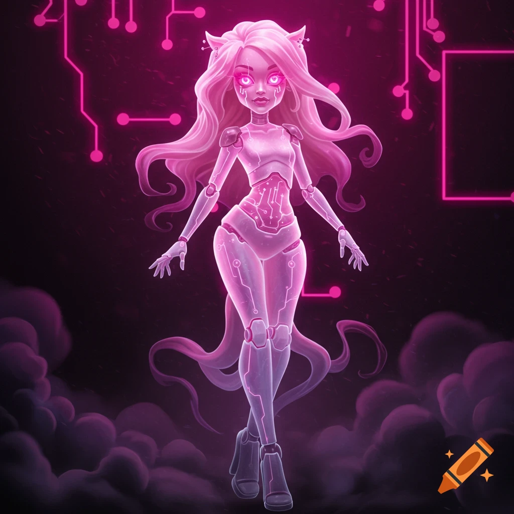 A glowing pink robot-ghost girl with long wavy hair and cat ears, covered in circuit patterns, stands against a dark background with neon pink circuitry.