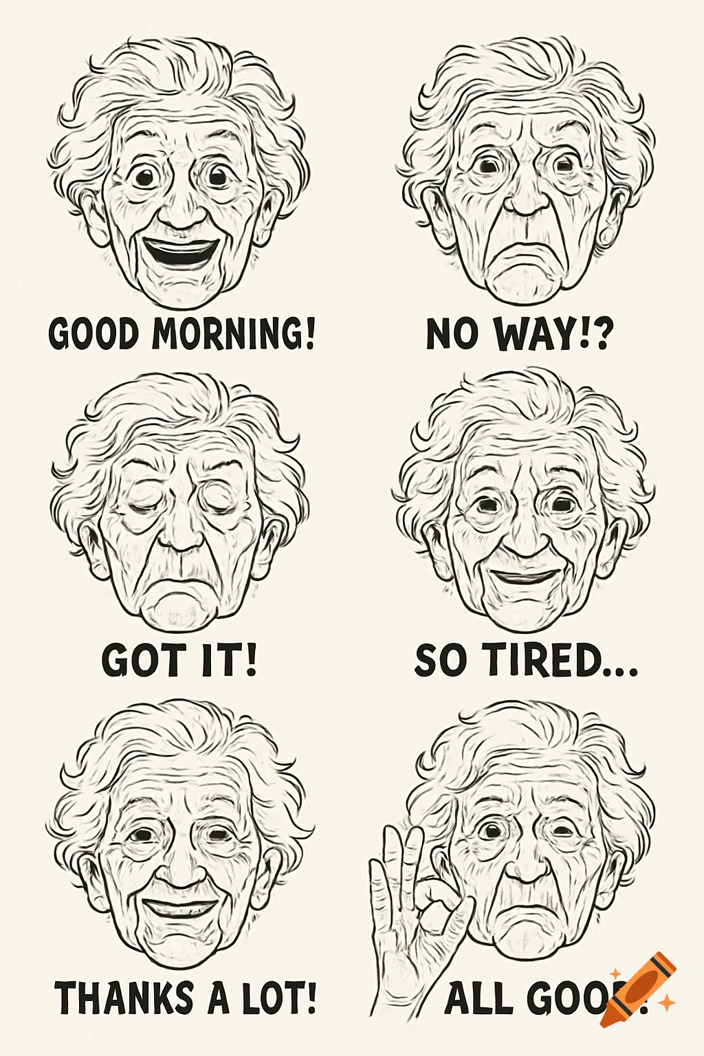 Six cartoon line art faces of an elderly woman showing various emotions like happiness, sadness, surprise, and tiredness, each with a corresponding text caption below.